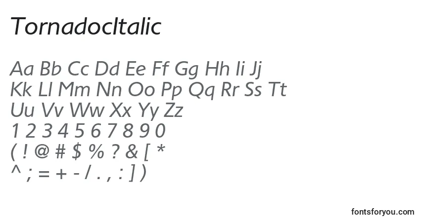 Czcionka TornadocItalic – alfabet, cyfry, specjalne znaki