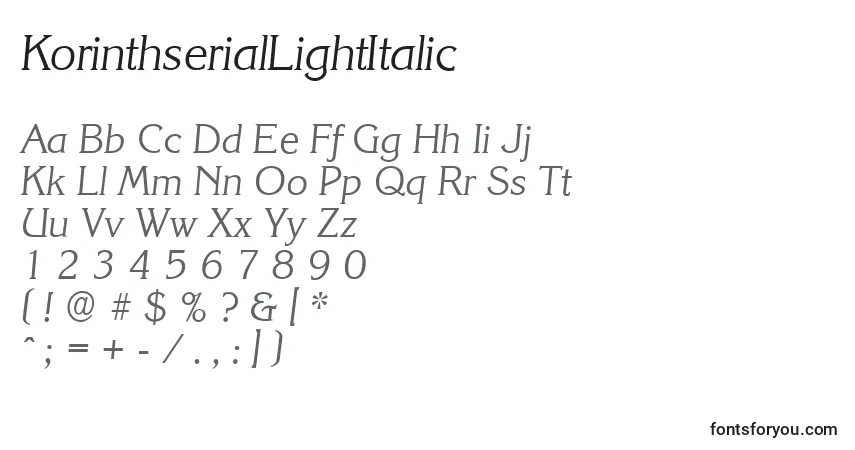 KorinthserialLightItalic-fontti – aakkoset, numerot, erikoismerkit