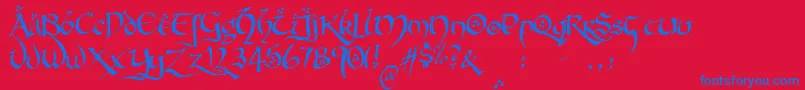 HobbitonBrushhandhobbitonBrush-Schriftart – Blaue Schriften auf rotem Hintergrund