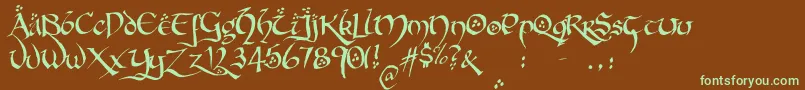 HobbitonBrushhandhobbitonBrush-Schriftart – Grüne Schriften auf braunem Hintergrund