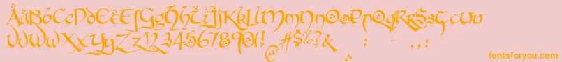 HobbitonBrushhandhobbitonBrush-Schriftart – Orangefarbene Schriften auf rosa Hintergrund