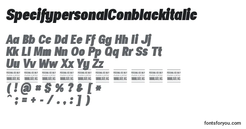 Schriftart SpecifypersonalConblackitalic – Alphabet, Zahlen, spezielle Symbole