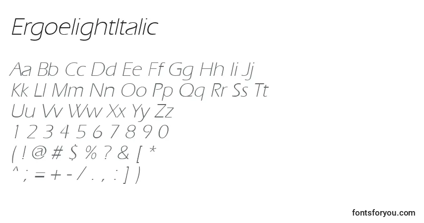 A fonte ErgoelightItalic – alfabeto, números, caracteres especiais