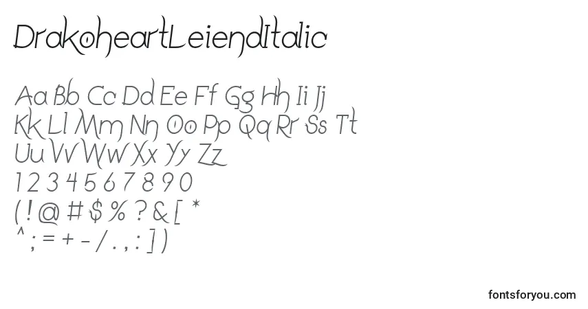 A fonte DrakoheartLeiendItalic – alfabeto, números, caracteres especiais