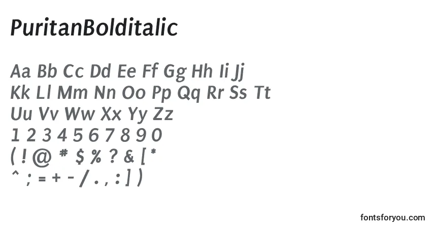 Czcionka PuritanBolditalic – alfabet, cyfry, specjalne znaki