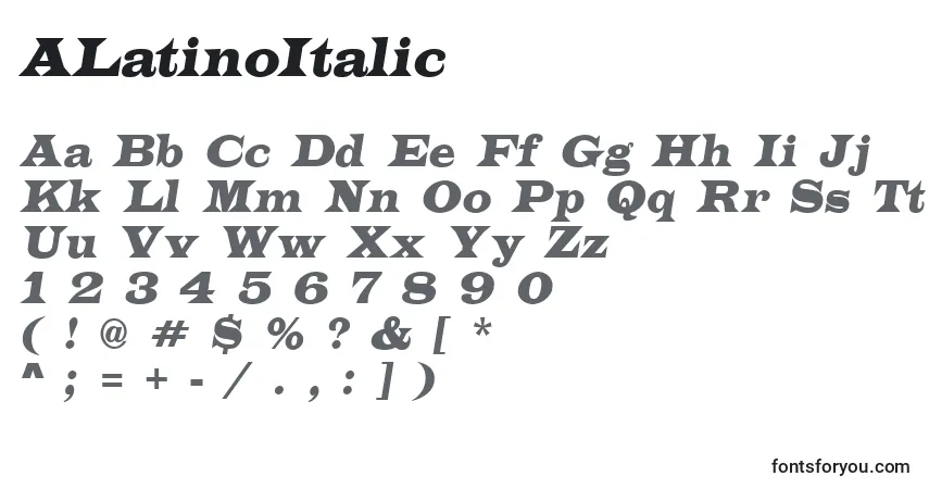 Czcionka ALatinoItalic – alfabet, cyfry, specjalne znaki