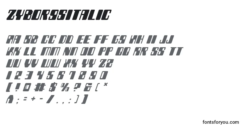 Schriftart ZyborgsItalic – Alphabet, Zahlen, spezielle Symbole