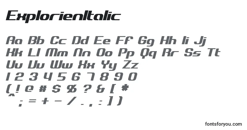 Czcionka ExplorienItalic – alfabet, cyfry, specjalne znaki