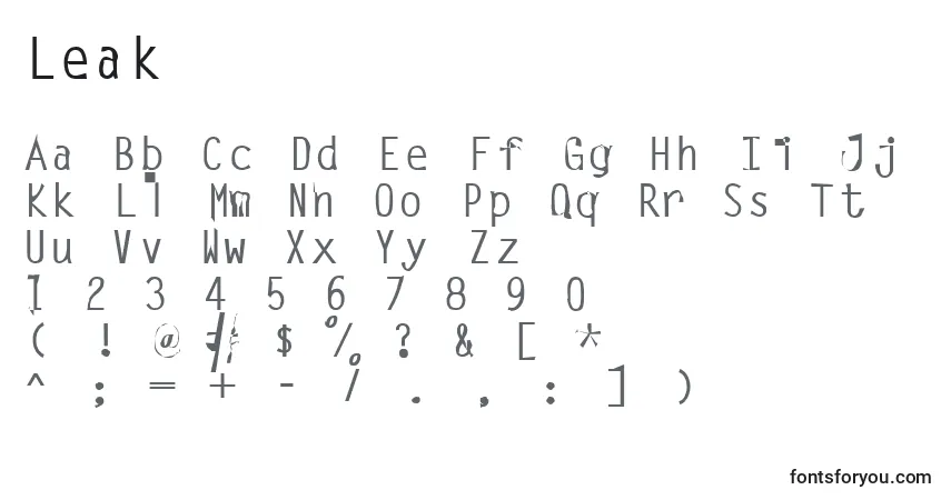 Czcionka Leak – alfabet, cyfry, specjalne znaki