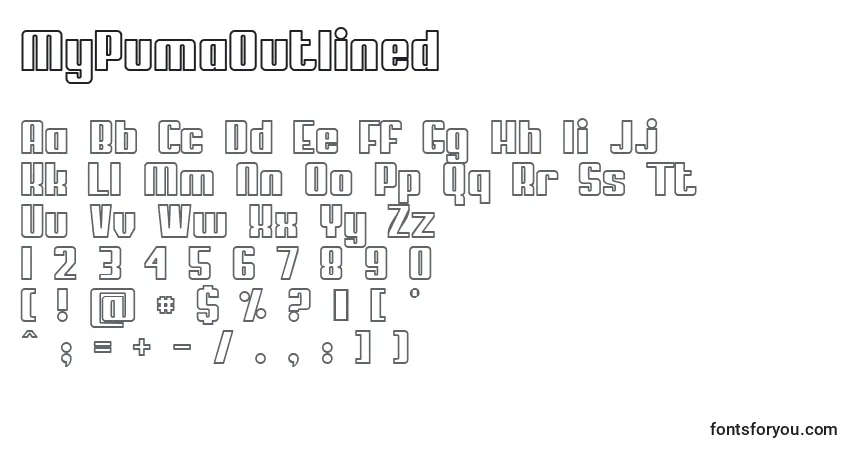Czcionka MyPumaOutlined – alfabet, cyfry, specjalne znaki