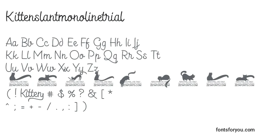 A fonte Kittenslantmonolinetrial – alfabeto, números, caracteres especiais