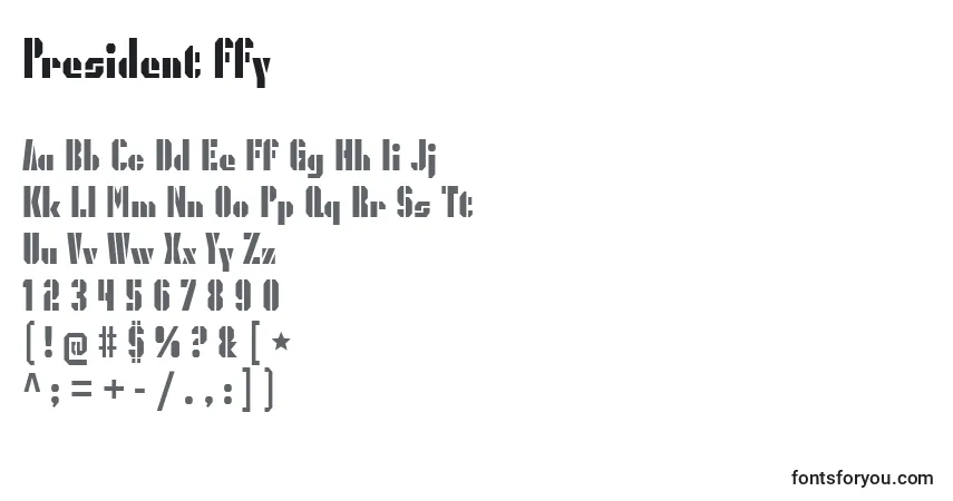 Schriftart President ffy – Alphabet, Zahlen, spezielle Symbole