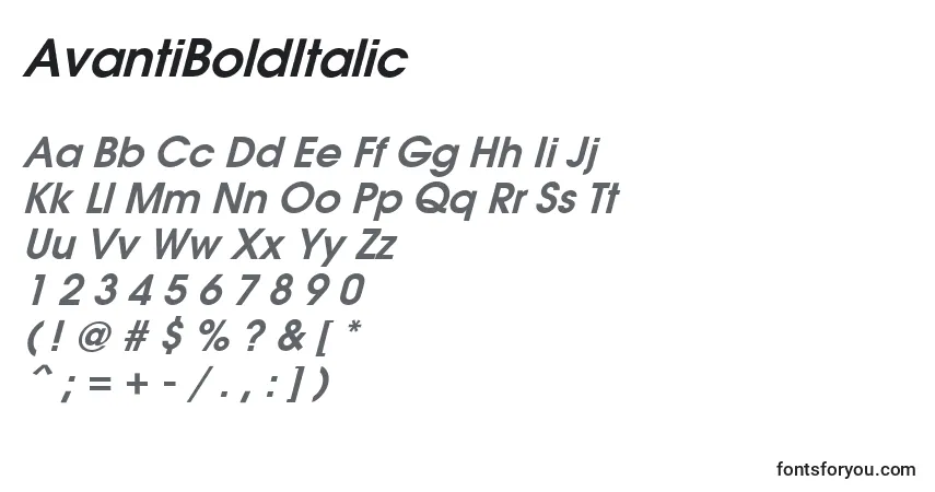 Шрифт AvantiBoldItalic – алфавит, цифры, специальные символы