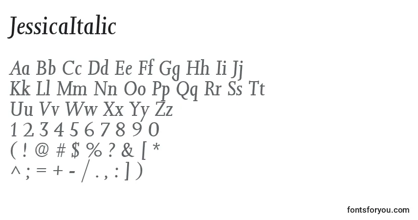 Шрифт JessicaItalic – алфавит, цифры, специальные символы