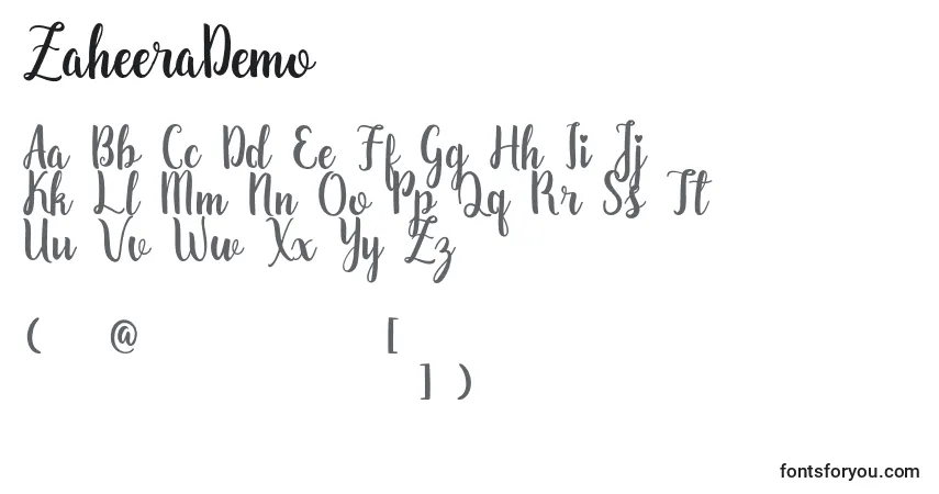Schriftart ZaheeraDemo – Alphabet, Zahlen, spezielle Symbole