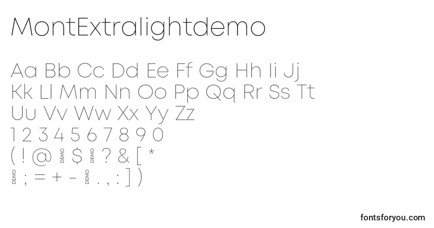 Шрифт MontExtralightdemo – алфавит, цифры, специальные символы