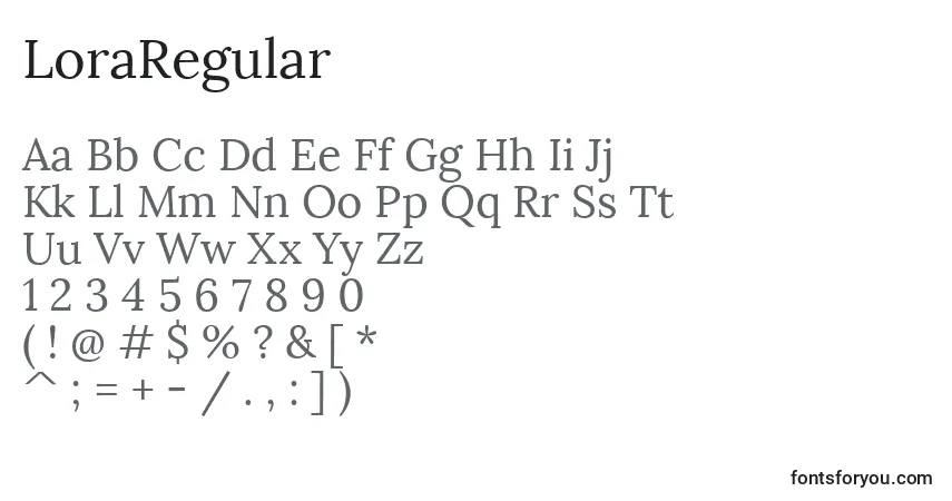 Czcionka LoraRegular – alfabet, cyfry, specjalne znaki