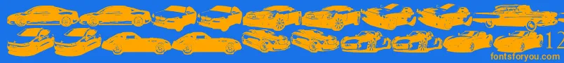 Weitere Informationen zur FamousCars-Schriftart FamousCars-Schriftart – Orangefarbene Schriften auf blauem Hintergrund