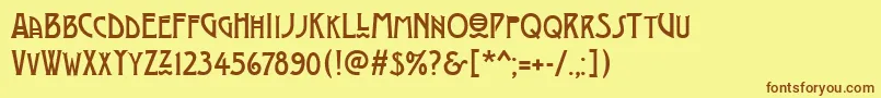 フォントModernistThree – 茶色の文字が黄色の背景にあります。