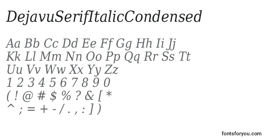 A fonte DejavuSerifItalicCondensed – alfabeto, números, caracteres especiais