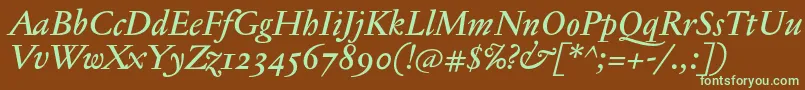 フォントJannontextmedosfItalic – 緑色の文字が茶色の背景にあります。
