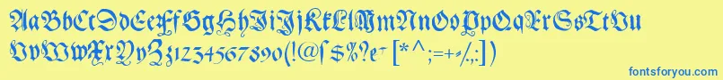 フォントGebetbuchfraktur – 青い文字が黄色の背景にあります。