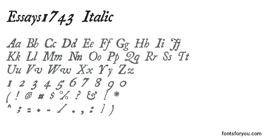 A fonte Essays1743 Italic – alfabeto, números, caracteres especiais