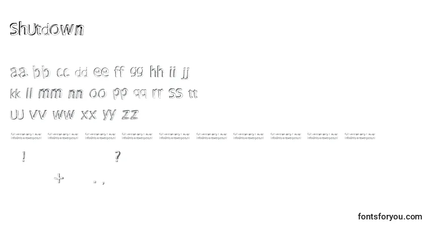 Schriftart Shutdown – Alphabet, Zahlen, spezielle Symbole