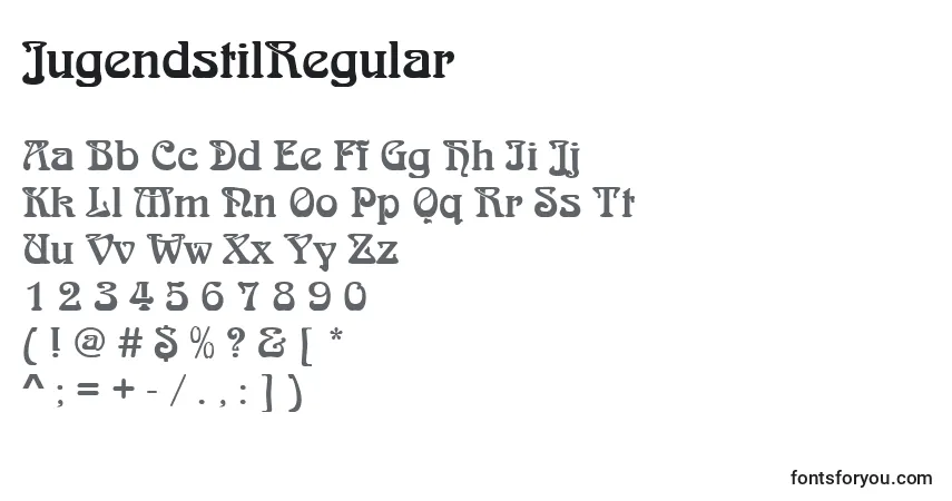 Czcionka JugendstilRegular – alfabet, cyfry, specjalne znaki