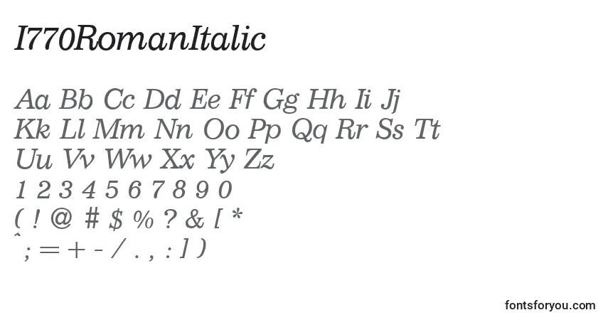 Czcionka I770RomanItalic – alfabet, cyfry, specjalne znaki