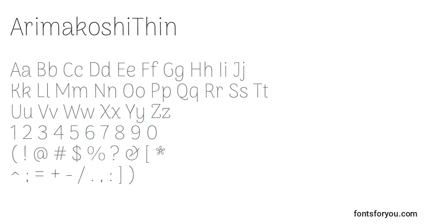 A fonte ArimakoshiThin – alfabeto, números, caracteres especiais