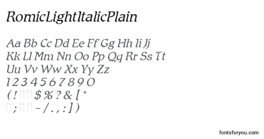 A fonte RomicLightItalicPlain – alfabeto, números, caracteres especiais