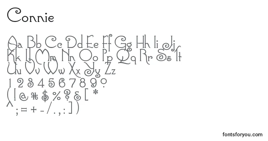 Czcionka Connie – alfabet, cyfry, specjalne znaki