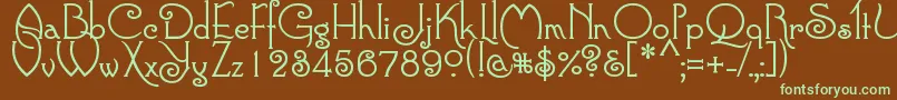 フォントConnie – 緑色の文字が茶色の背景にあります。