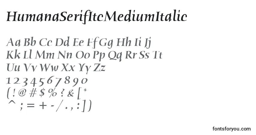 A fonte HumanaSerifItcMediumItalic – alfabeto, números, caracteres especiais
