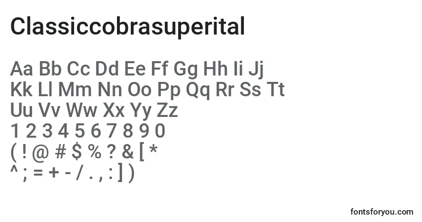 Шрифт Classiccobrasuperital – алфавит, цифры, специальные символы