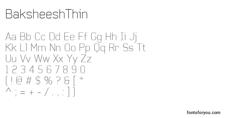 Schriftart BaksheeshThin – Alphabet, Zahlen, spezielle Symbole