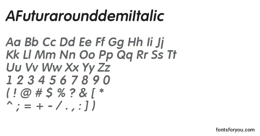 Schriftart AFuturarounddemiItalic – Alphabet, Zahlen, spezielle Symbole