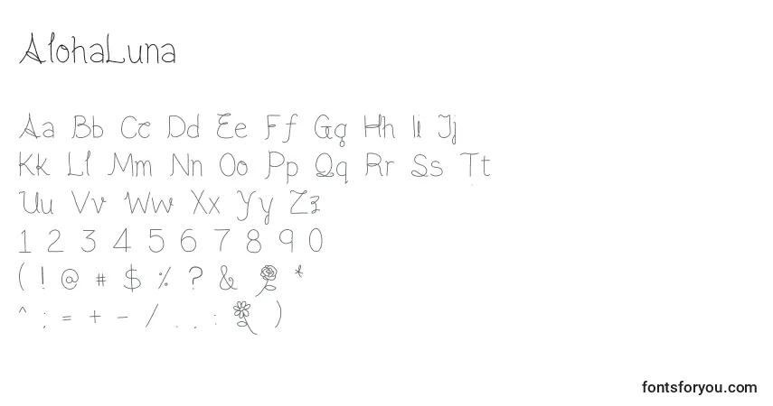 Czcionka AlohaLuna – alfabet, cyfry, specjalne znaki