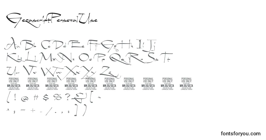 Czcionka GezascriptPersonalUse – alfabet, cyfry, specjalne znaki