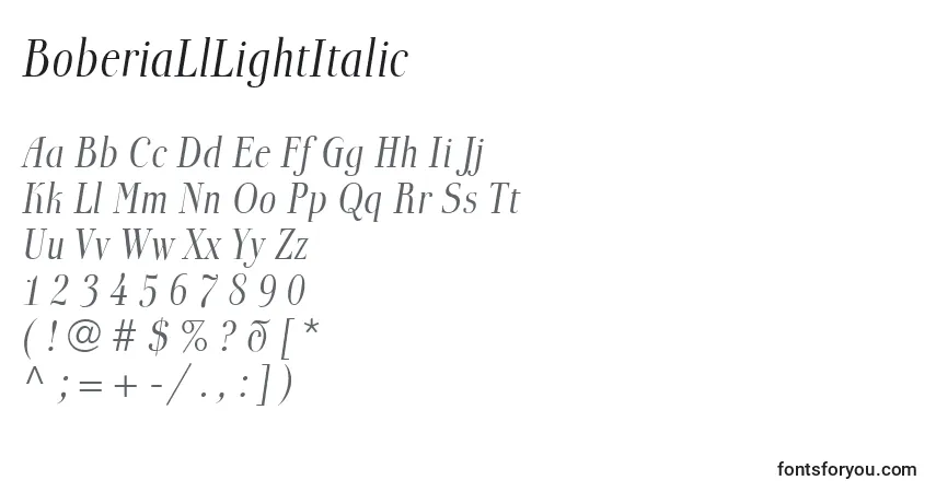 Czcionka BoberiaLlLightItalic – alfabet, cyfry, specjalne znaki