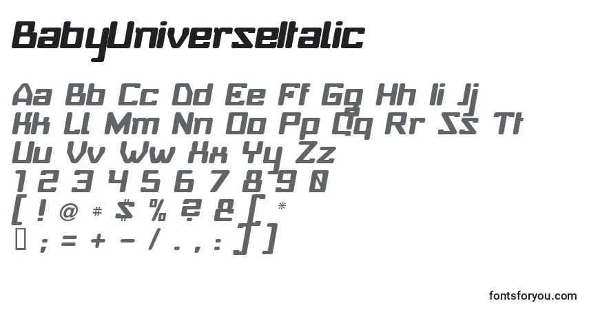 Schriftart BabyUniverseItalic – Alphabet, Zahlen, spezielle Symbole
