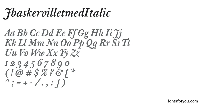 A fonte JbaskervilletmedItalic – alfabeto, números, caracteres especiais