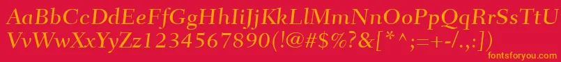 FairfieldLt55CaptionMedium-Schriftart – Orangefarbene Schriften auf rotem Hintergrund