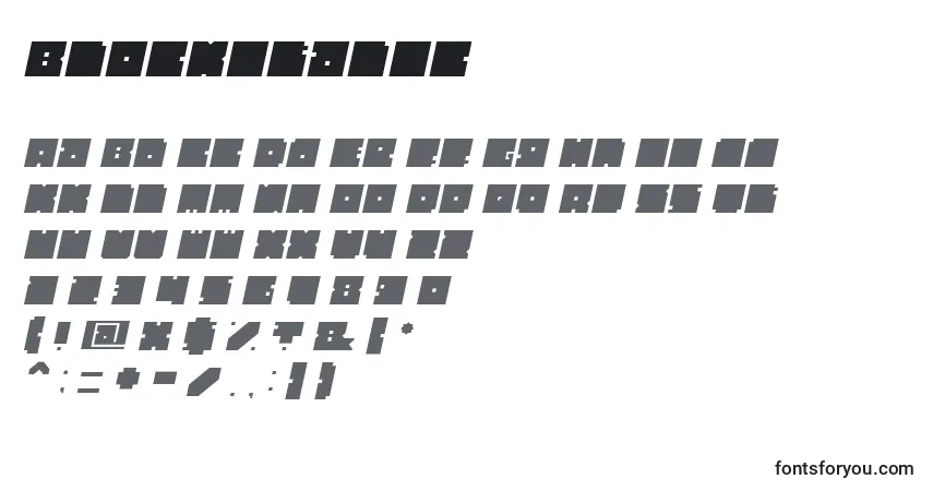 A fonte BlockItalic – alfabeto, números, caracteres especiais