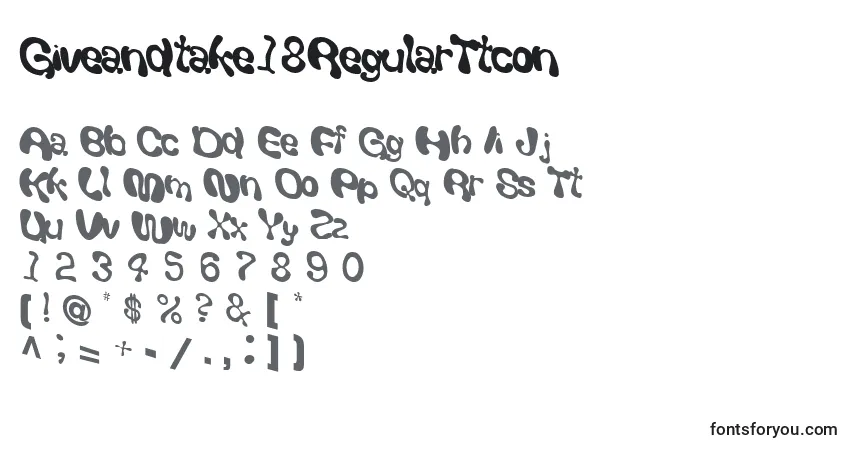 A fonte Giveandtake18RegularTtcon – alfabeto, números, caracteres especiais