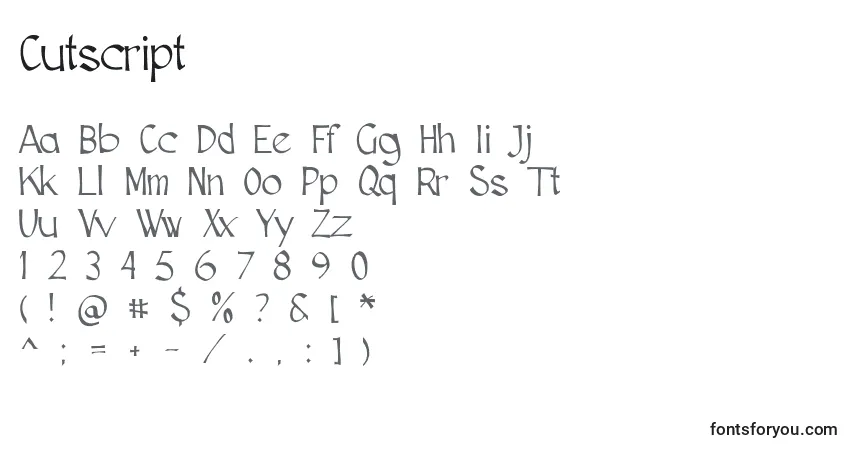 A fonte Cutscript – alfabeto, números, caracteres especiais