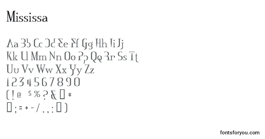 A fonte Mississa – alfabeto, números, caracteres especiais