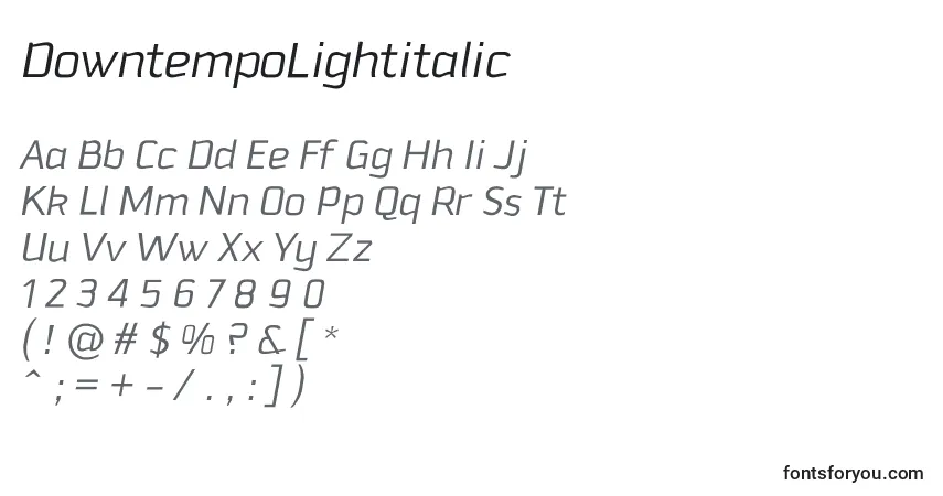 Шрифт DowntempoLightitalic – алфавит, цифры, специальные символы