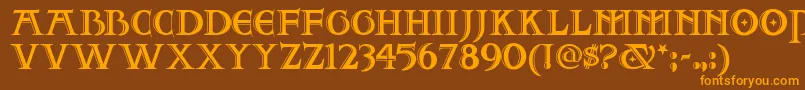 フォントTwofjn – オレンジ色の文字が茶色の背景にあります。